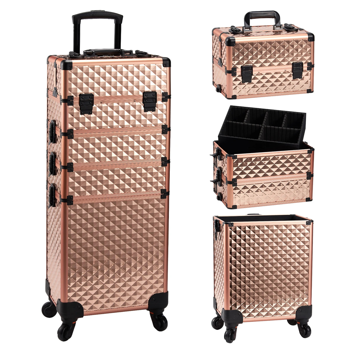 Maxulene Makeup Trolley Case with 4 Detachable Compartments and Spinner Wheels – Rose Gold