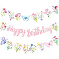 Happy Birthday garland with pink glitter lettering, butterflies, and watercolor wildflowers