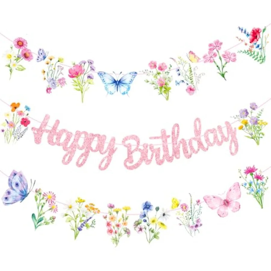 Happy Birthday garland with pink glitter lettering, butterflies, and watercolor wildflowers