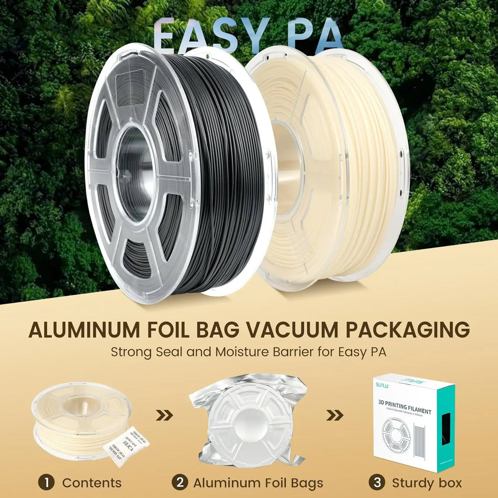 Diagram showing the vacuum-sealed aluminum foil packaging process for nylon 3D printer filament spools.