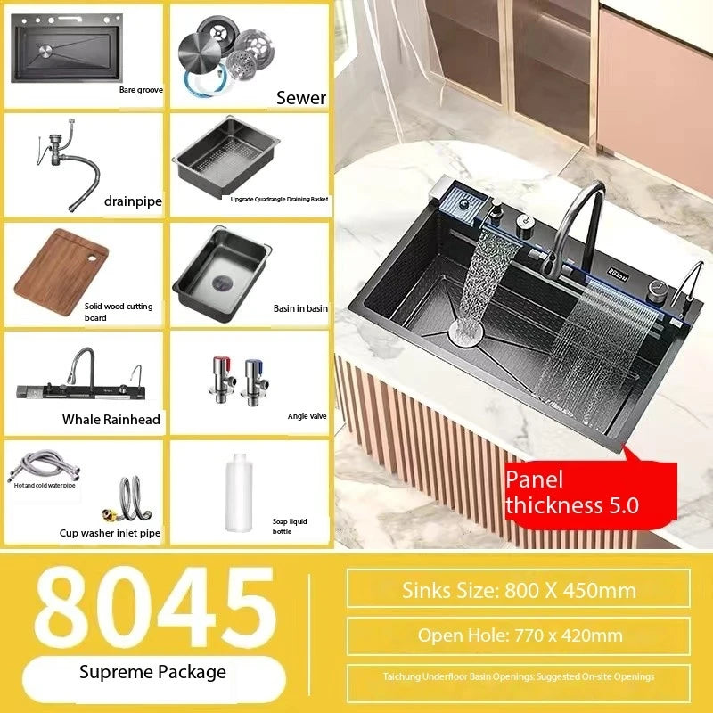 304 Stainless Steel Single Bowl Kitchen Sink with Digital Display and Faucet – 8045-left