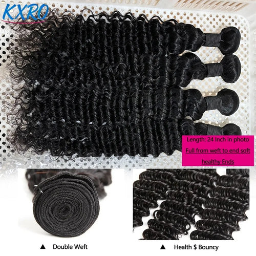 A close-up of long black deep wave hair bundles, featuring a detailed view of the double weft and soft hair ends.