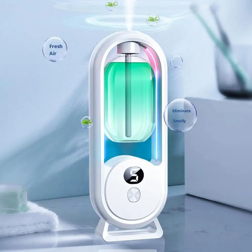 White automatic fragrance diffuser with LED light and digital display in a bathroom