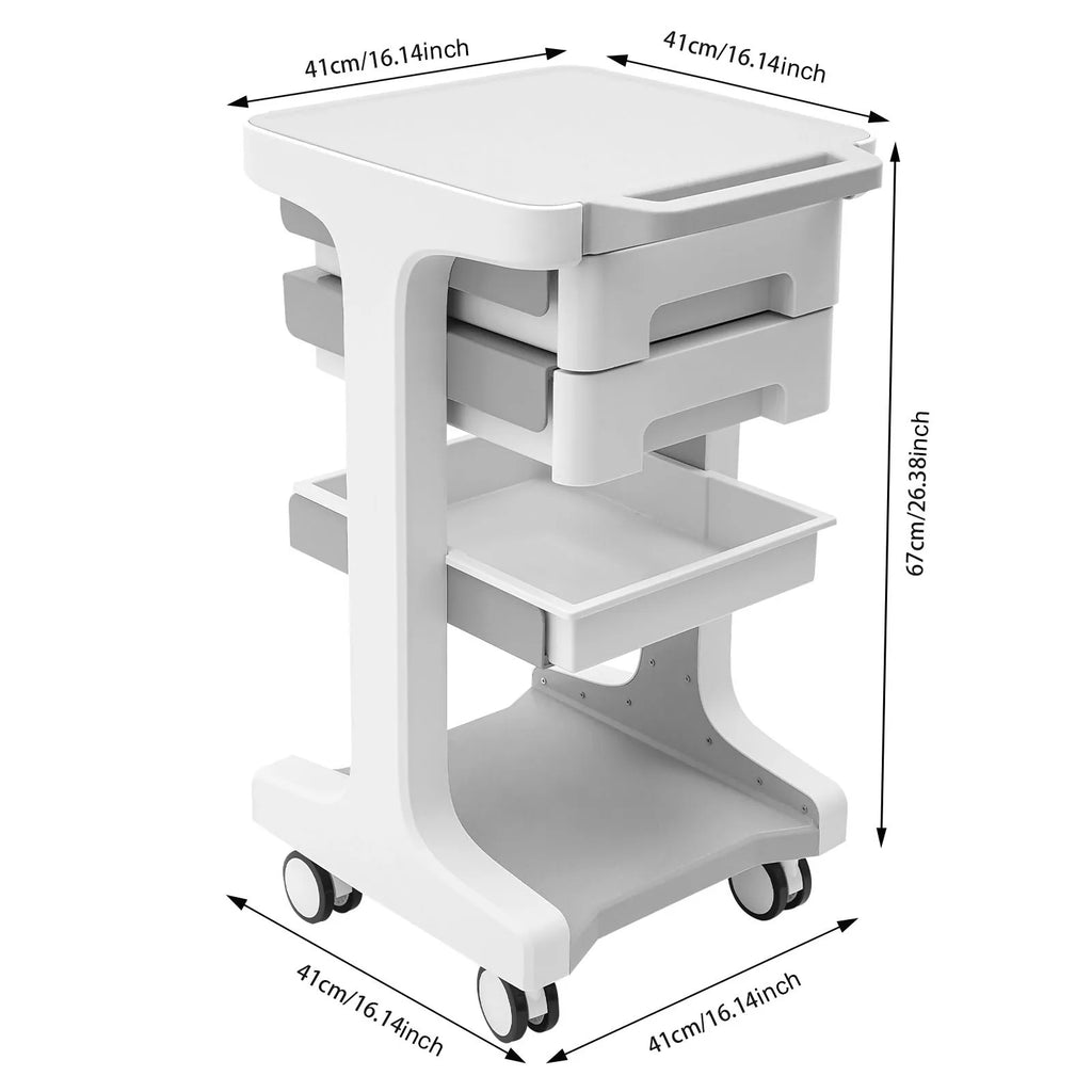 White mobile storage cart with dimensions labeled in centimeters and inches