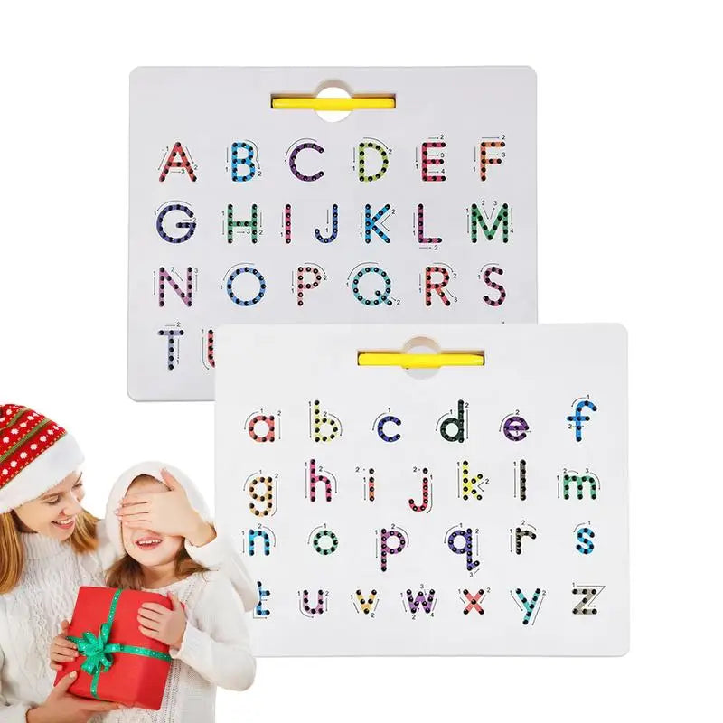 Double-sided magnetic letter tracing board for children, showing uppercase and lowercase alphabet.