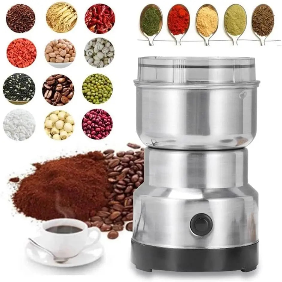 Electric stainless steel coffee and spice grinder with assorted nuts and coffee beans in circles