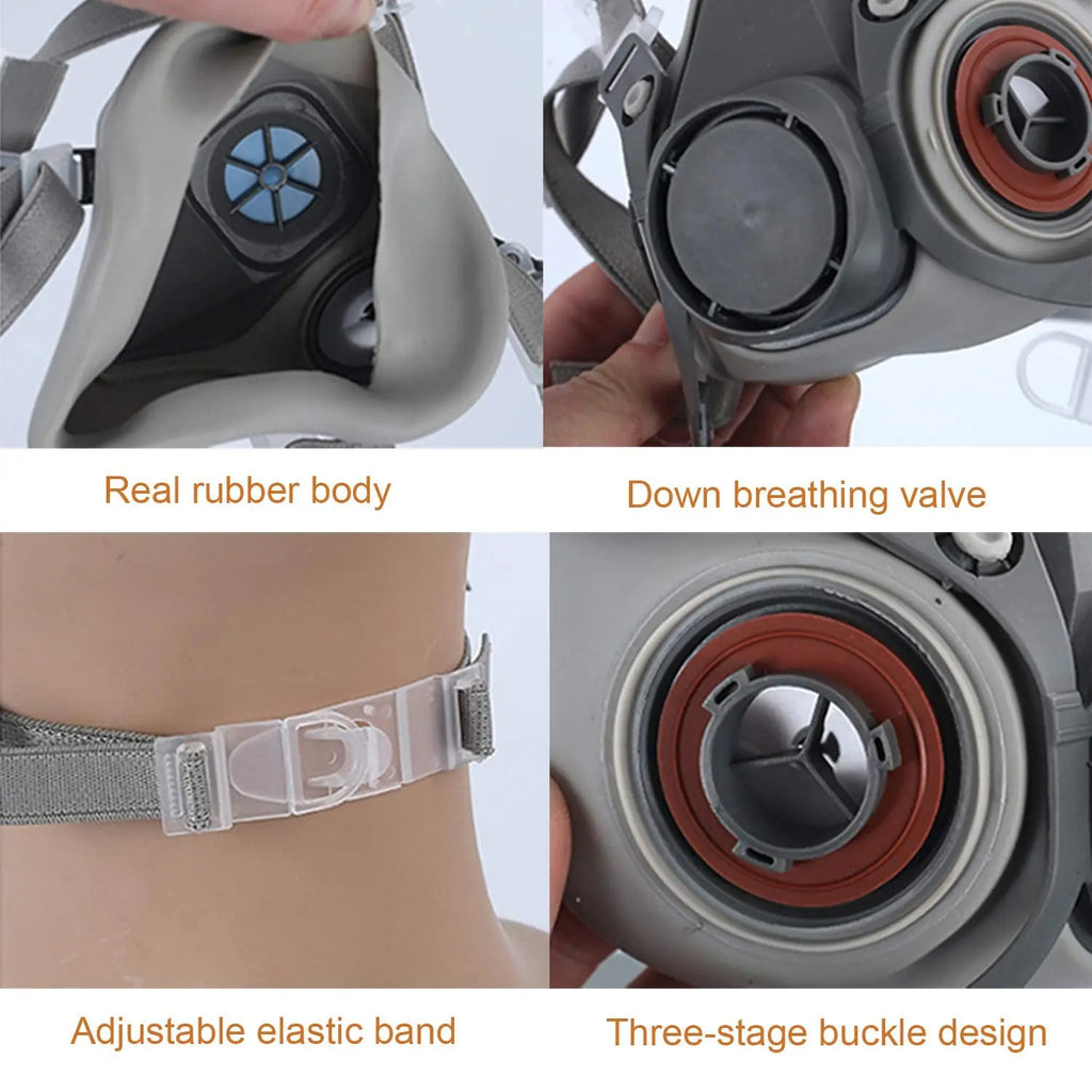 Close up views of respirator mask features including rubber body, breathing valve and elastic adjustable strap