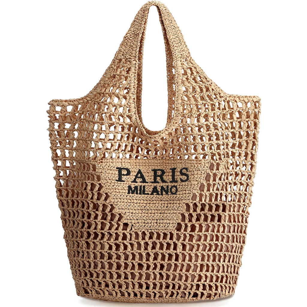 Handmade Woven Straw Beach Tote Bag - 25.5" x 15.5" Mesh Shoulder Bag – Khaki