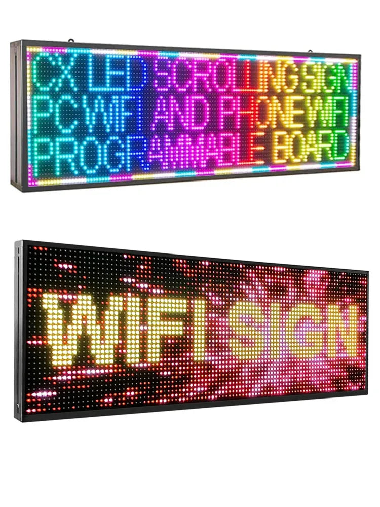 A collage showing two colorful, programmable LED digital message display signs displaying scrolling text.