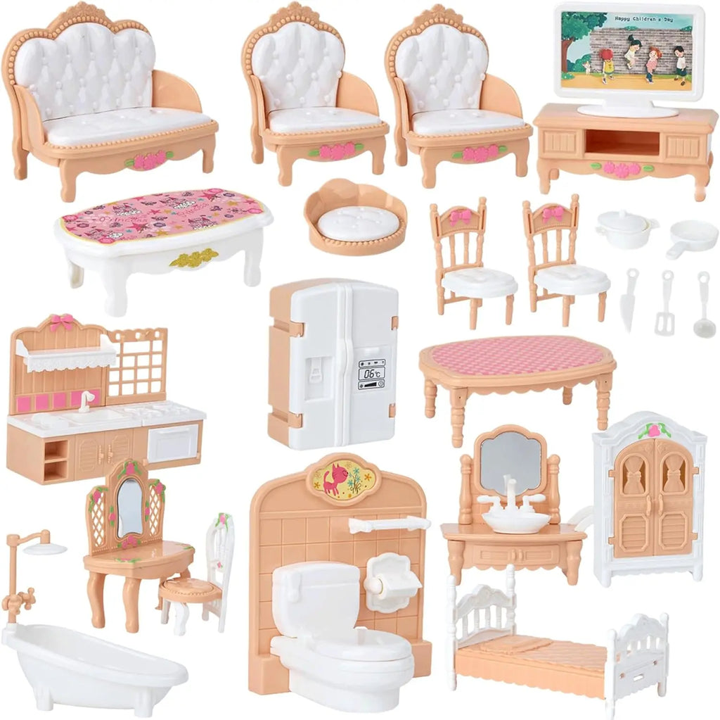 Miniature dollhouse furniture set featuring living room, kitchen, bedroom, and bathroom items.