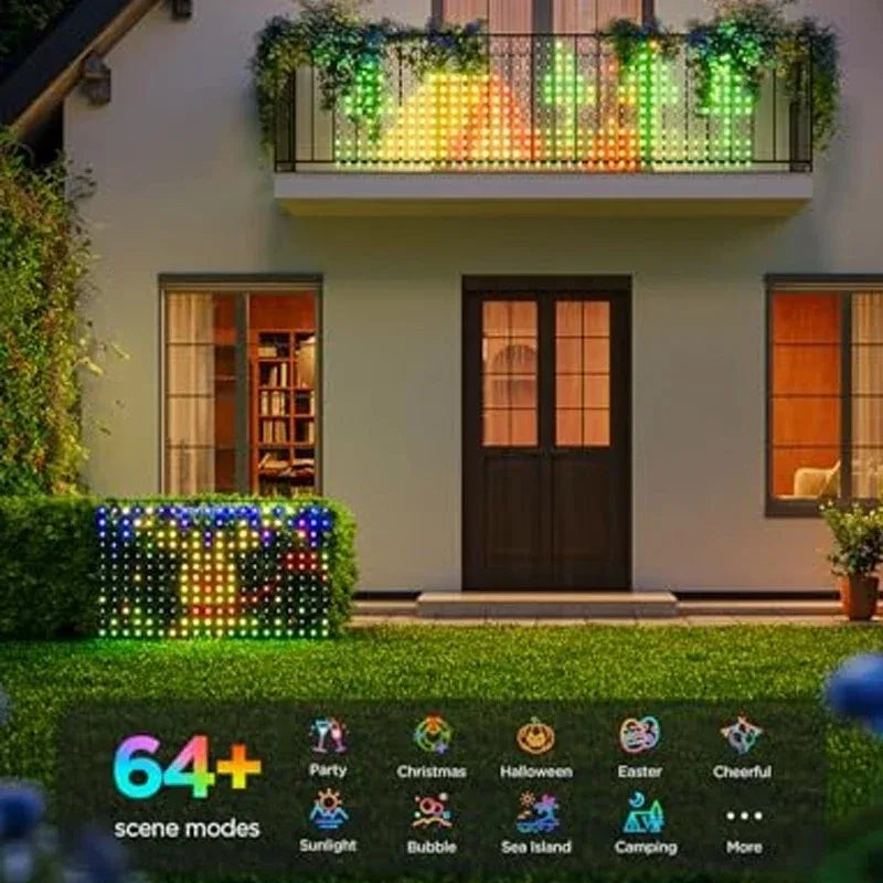 Smart LED net lights installed on a balcony and garden fence with scene selection icons