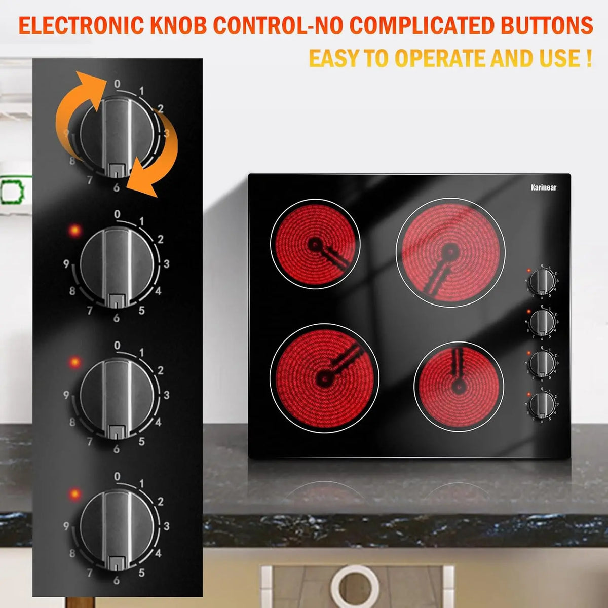 Detail of mechanical control knobs on the side of a black 4-burner electric cooktop
