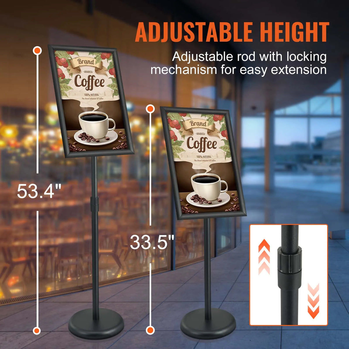 Adjustable height pedestal sign holder showing two different heights with a lock mechanism detail.