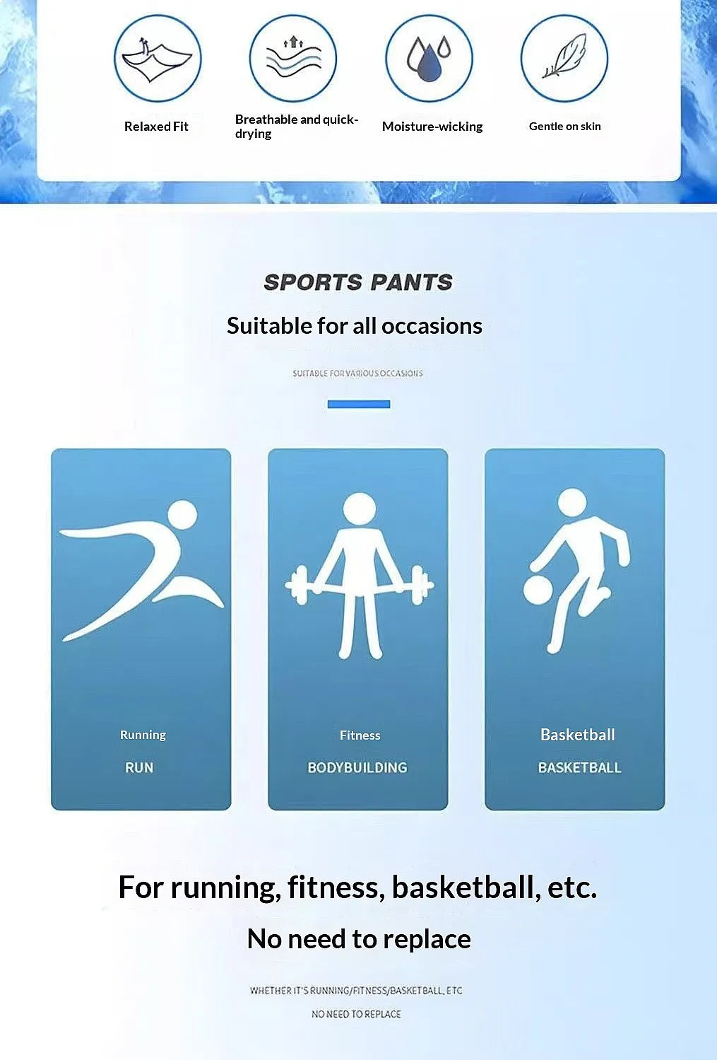 Informational graphic showing the features and suitable sports activities for men's athletic shorts