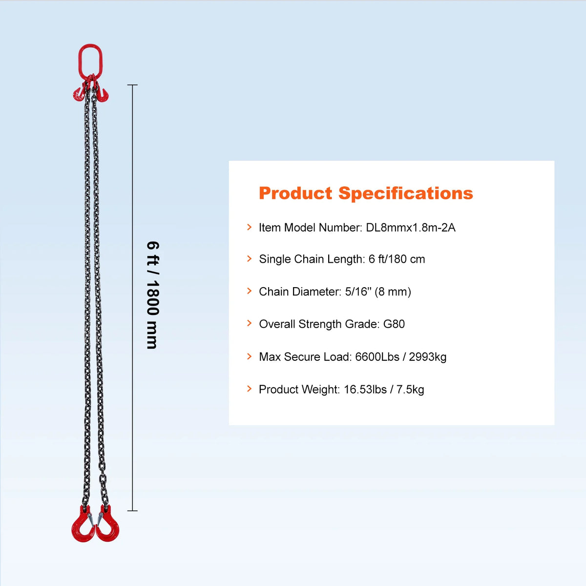 SucceBuy 3T 2-Leg Chain Sling, 6 ft, G80 Steel Lifting Chain with Grab Hooks – 8mm