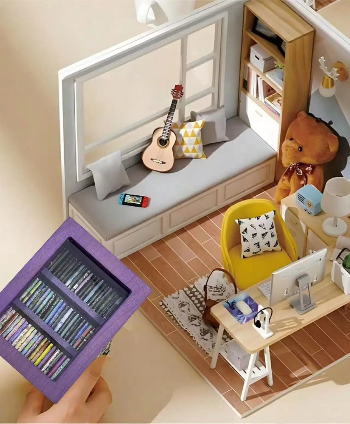 A handheld purple miniature bookshelf featuring tiny books shown against a miniature dollhouse room background.