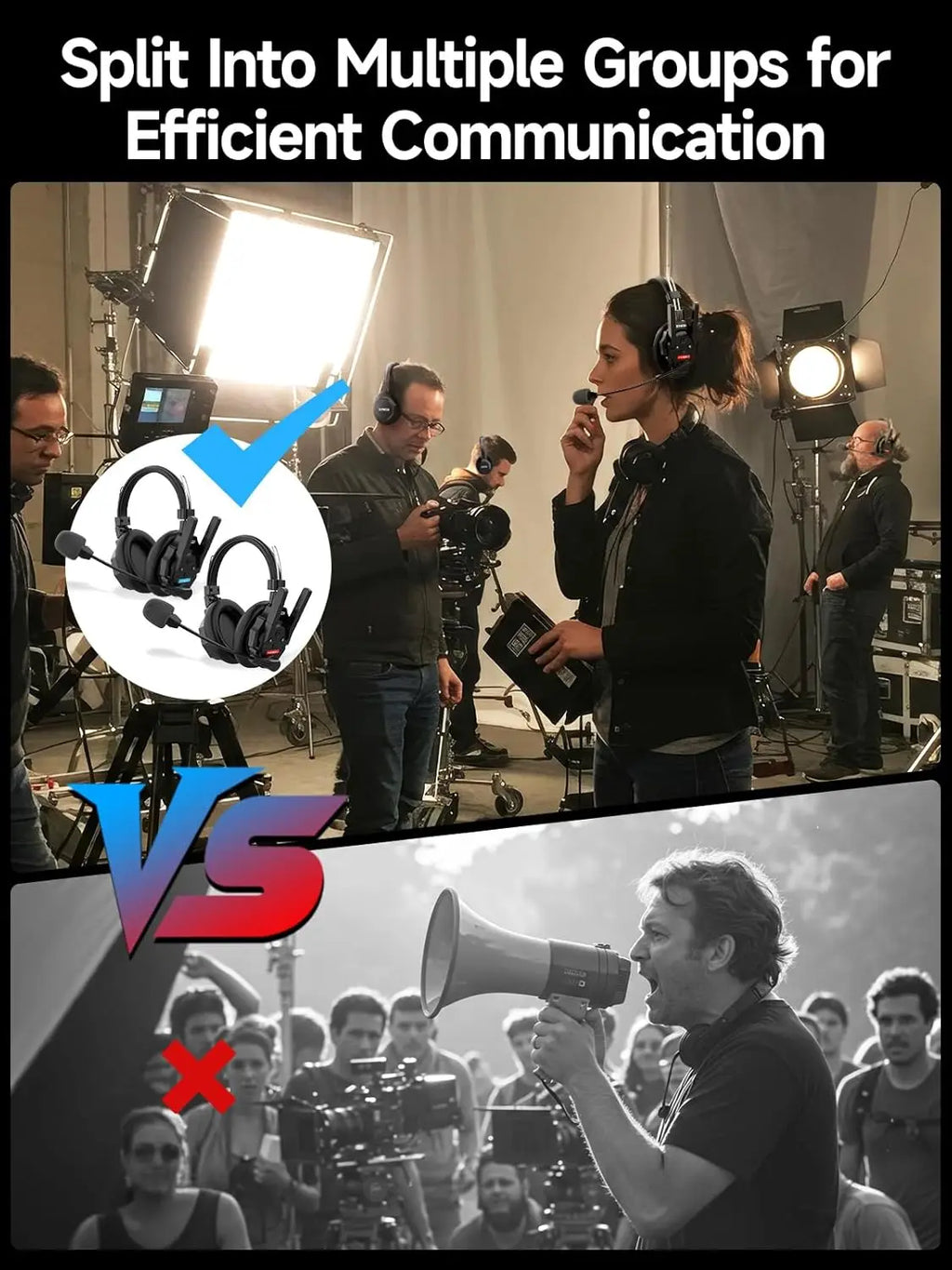 Comparison of a wireless headset versus a handheld megaphone used on a film set