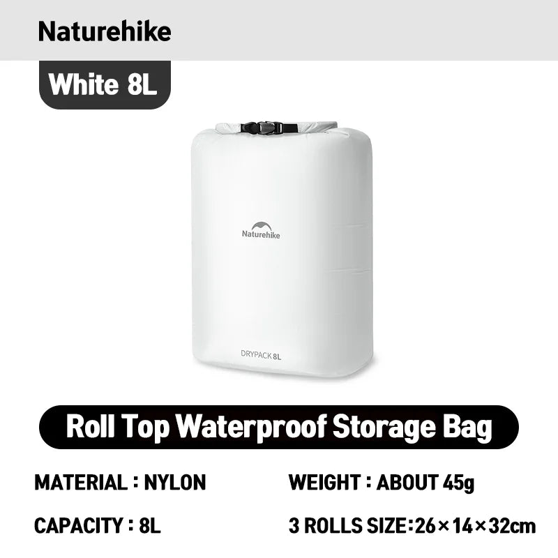 Naturehike Rolled Waterproof Storage Bag - Lightweight Compression Organizer – White 8L New