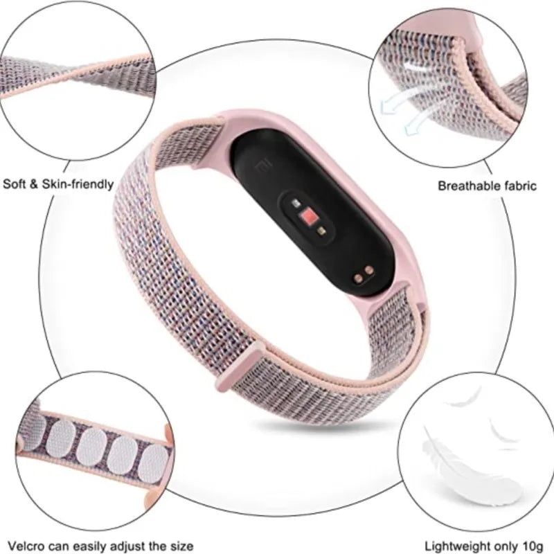 Features of a pink nylon fitness tracker watch band showing velcro closure and breathable fabric material