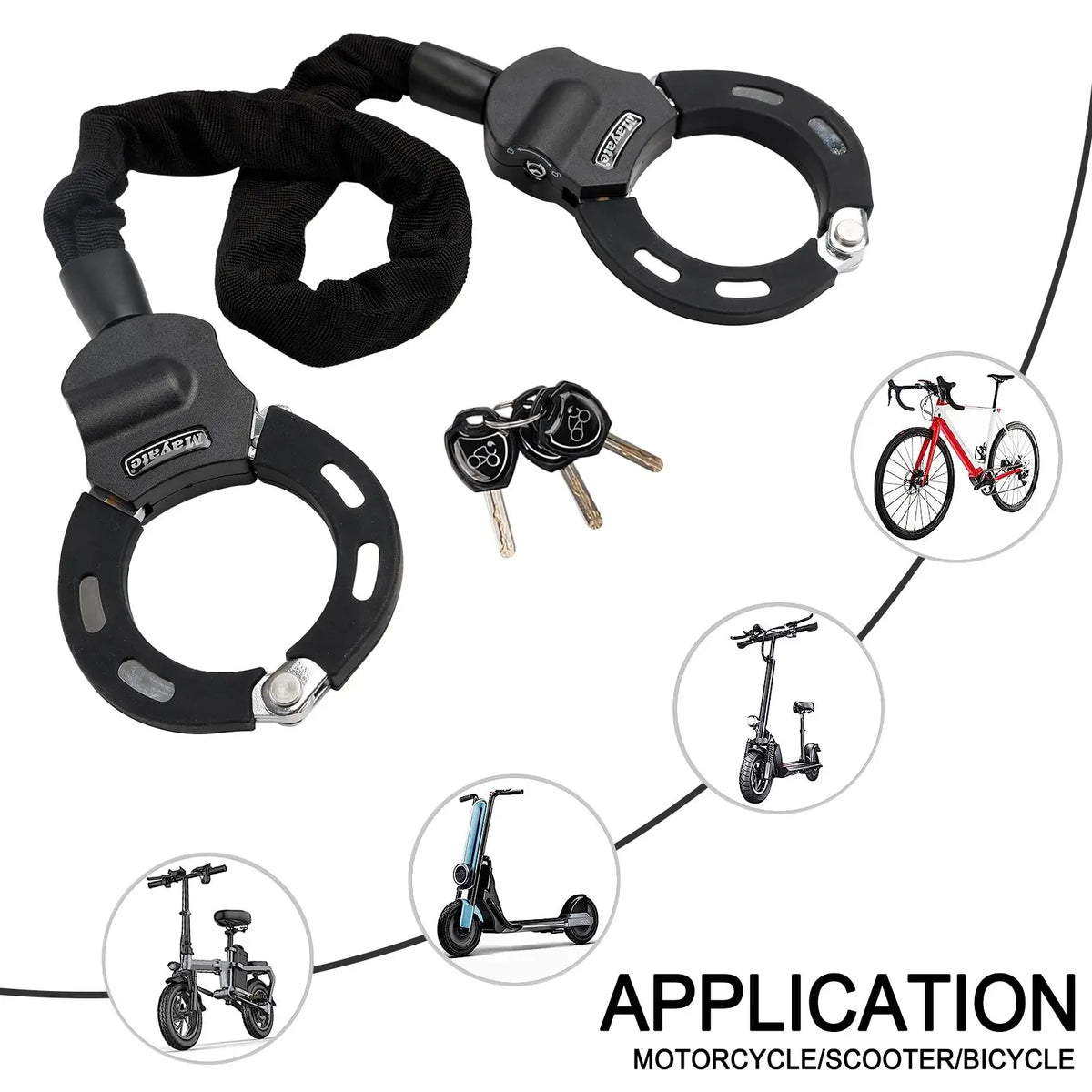 A black chain lock with keys and various examples of its use on bicycles and electric scooters.
