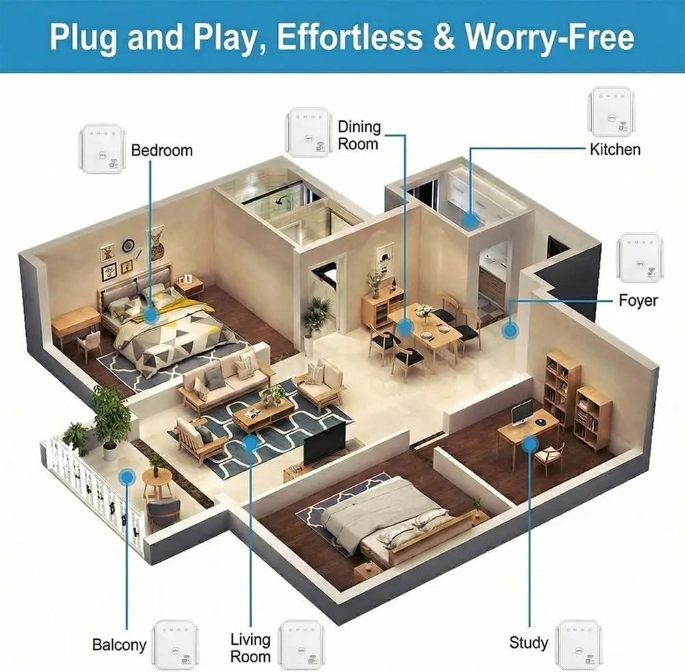 Diagram illustrating placement of a wireless Wi-Fi repeater in different rooms of a house