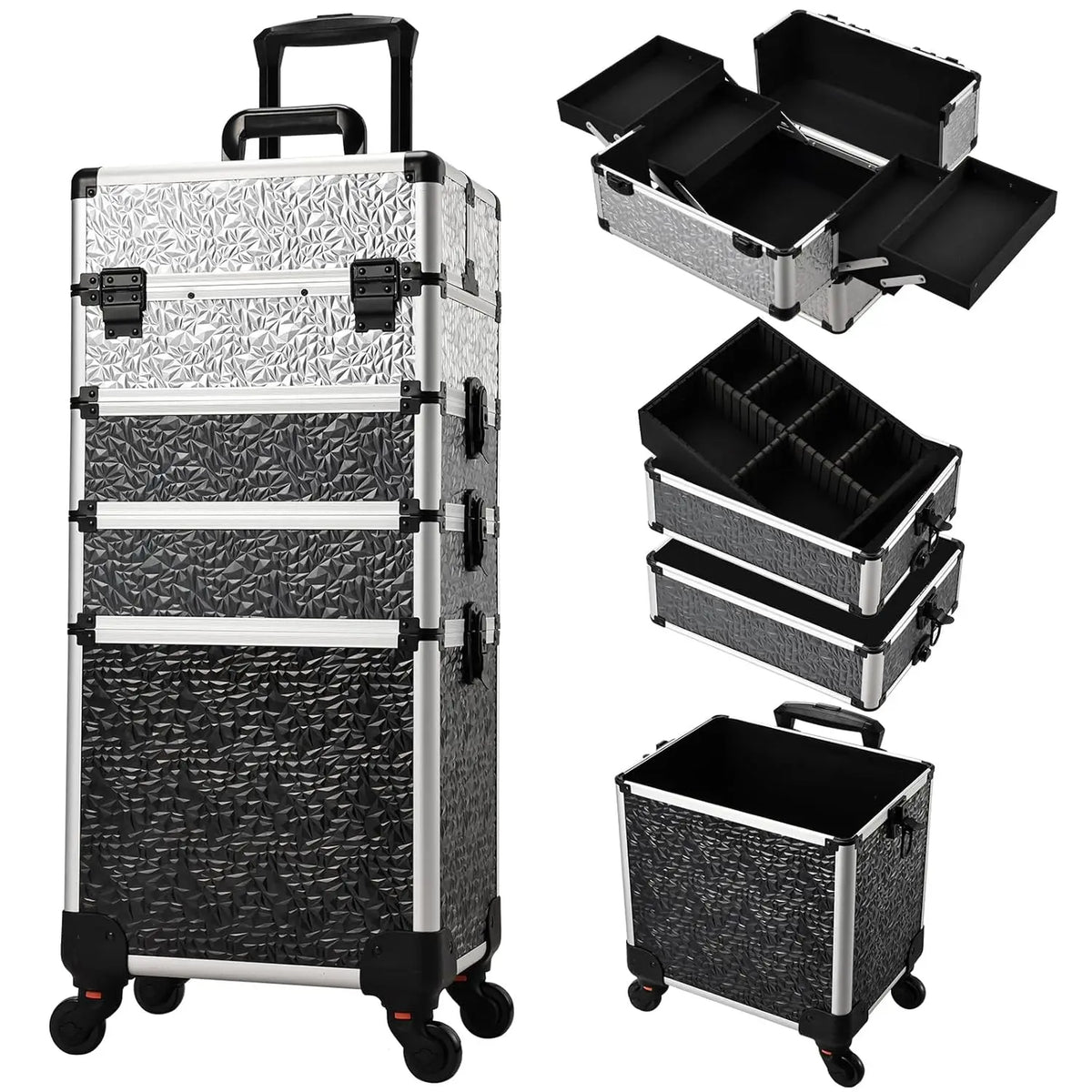 Maxulene Makeup Trolley Case with 4 Detachable Compartments and Spinner Wheels – Multi