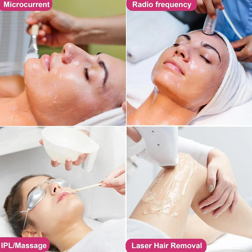 Collage of four images showing clear conductive gel being applied during beauty treatments