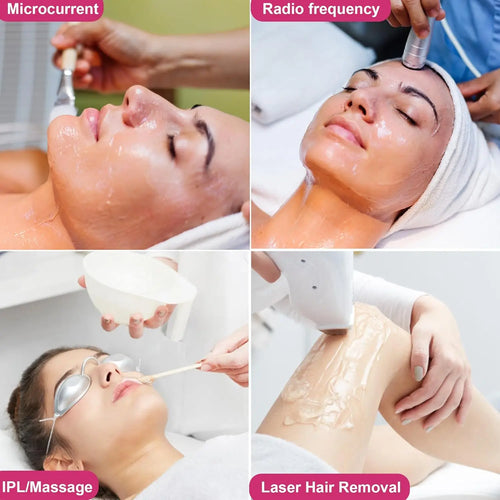 Collage of four images showing clear conductive gel being applied during beauty treatments