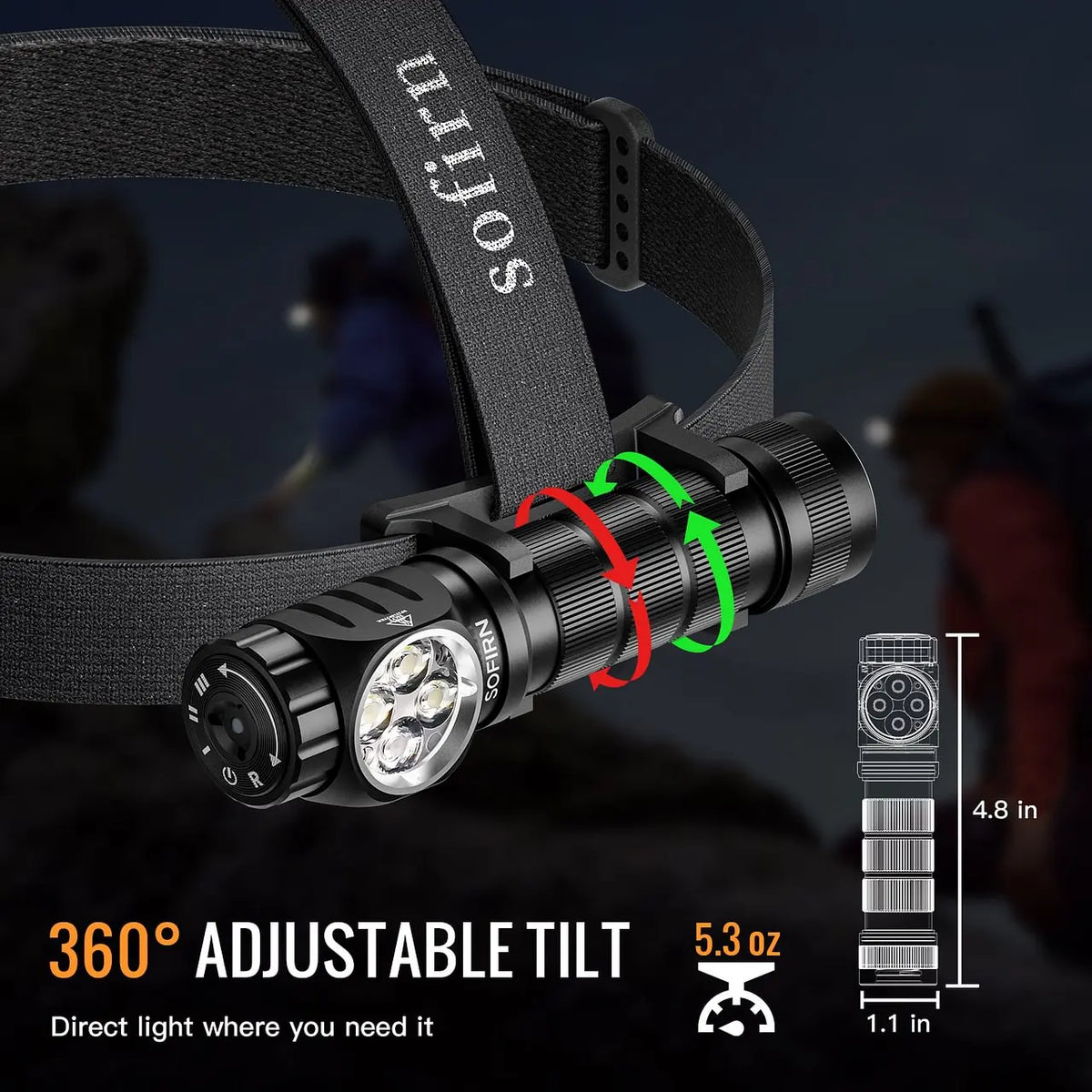 Black LED headlamp highlighting 360 degree tilt feature and dimensions