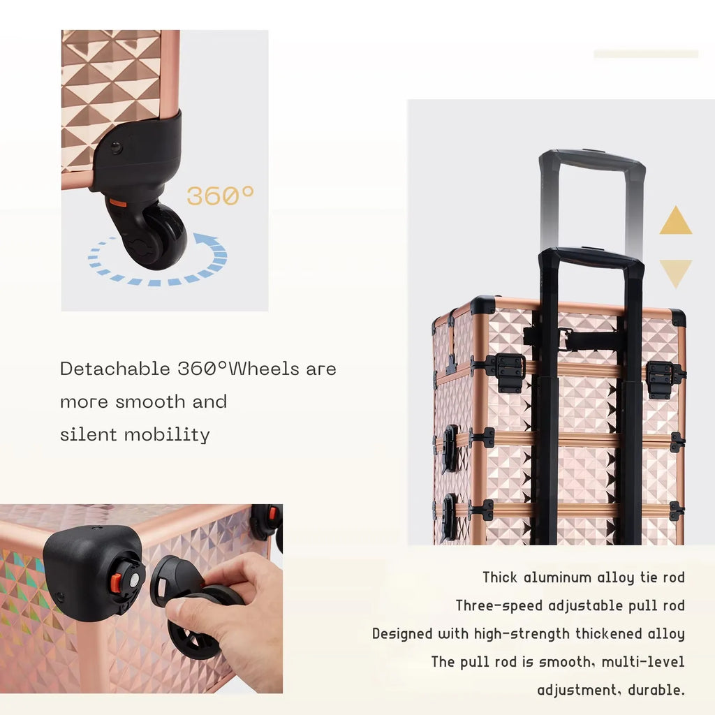 Details of the 360 degree detachable wheels and adjustable aluminum alloy pull rod for a makeup trolley case