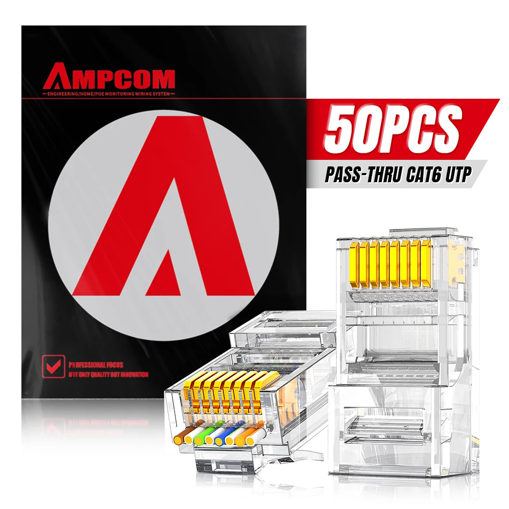 Ampcom CAT6 RJ45 Pass-Through Modular Plugs for Ethernet Cables – CAT6 UTP 50PCS