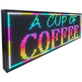 A horizontal, colorful LED digital message display sign showing the text A CUP OF COFFEE.