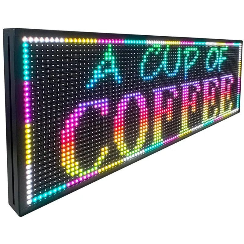 A horizontal, colorful LED digital message display sign showing the text A CUP OF COFFEE.