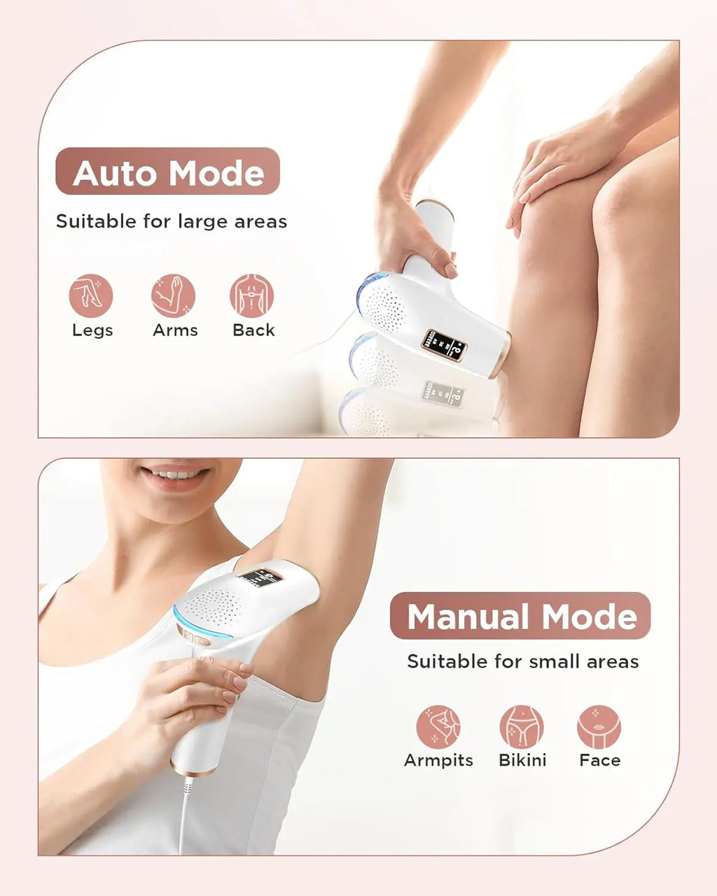 IPL hair removal device demonstrating auto mode for large areas and manual mode for small areas.