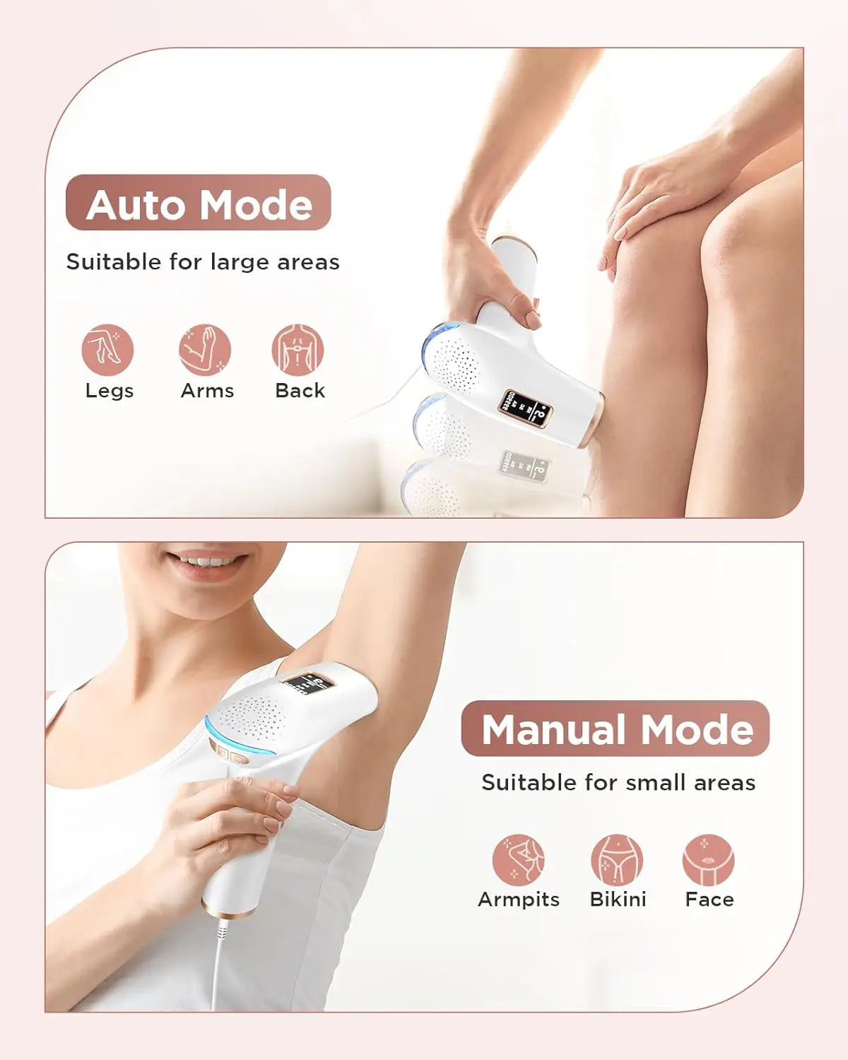 IPL hair removal device demonstrating auto mode for large areas and manual mode for small areas.