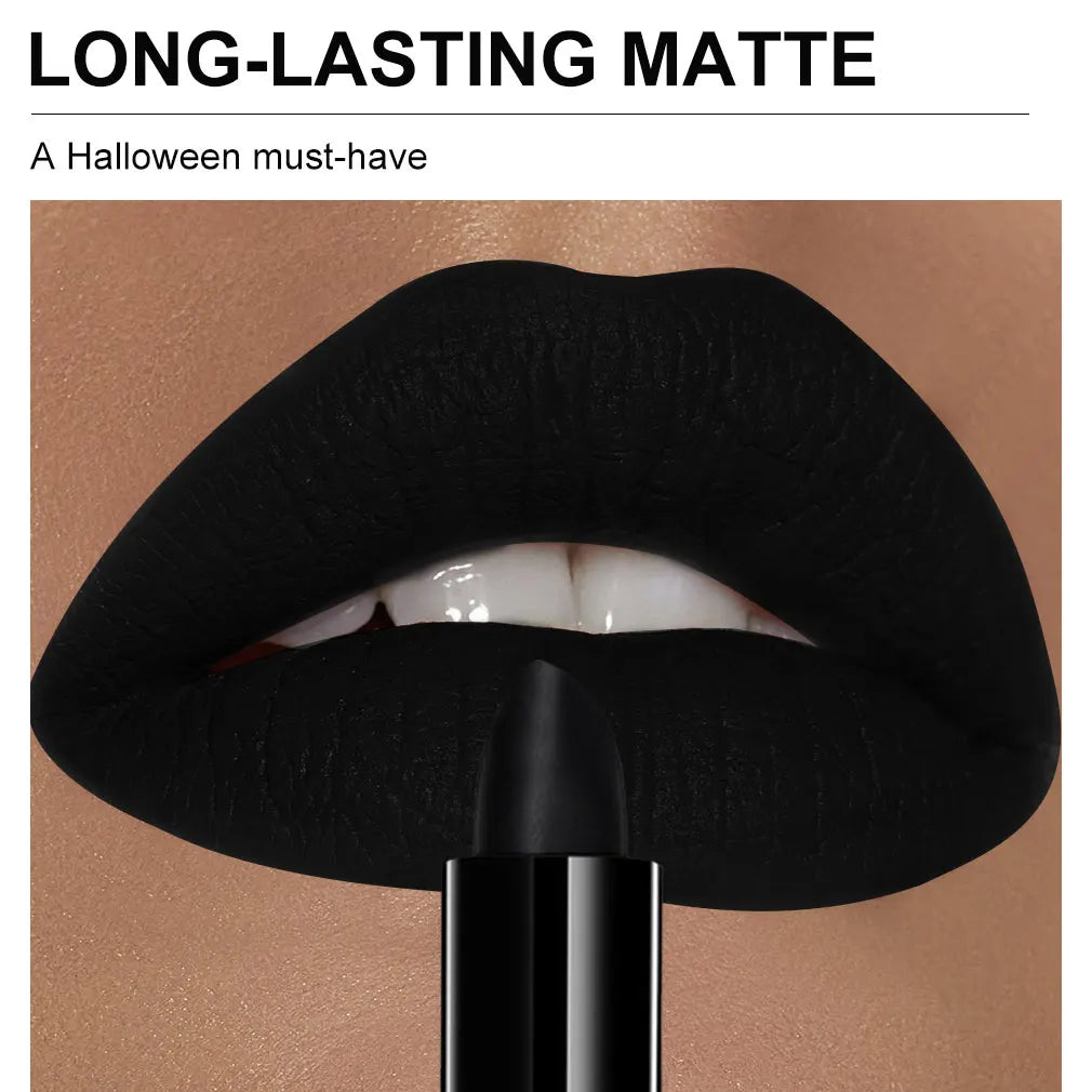 Close-up of matte black lipstick applied on lips