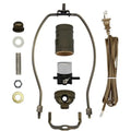 Antique brass finish lamp repair kit components including socket, harp, cord, and mounting hardware