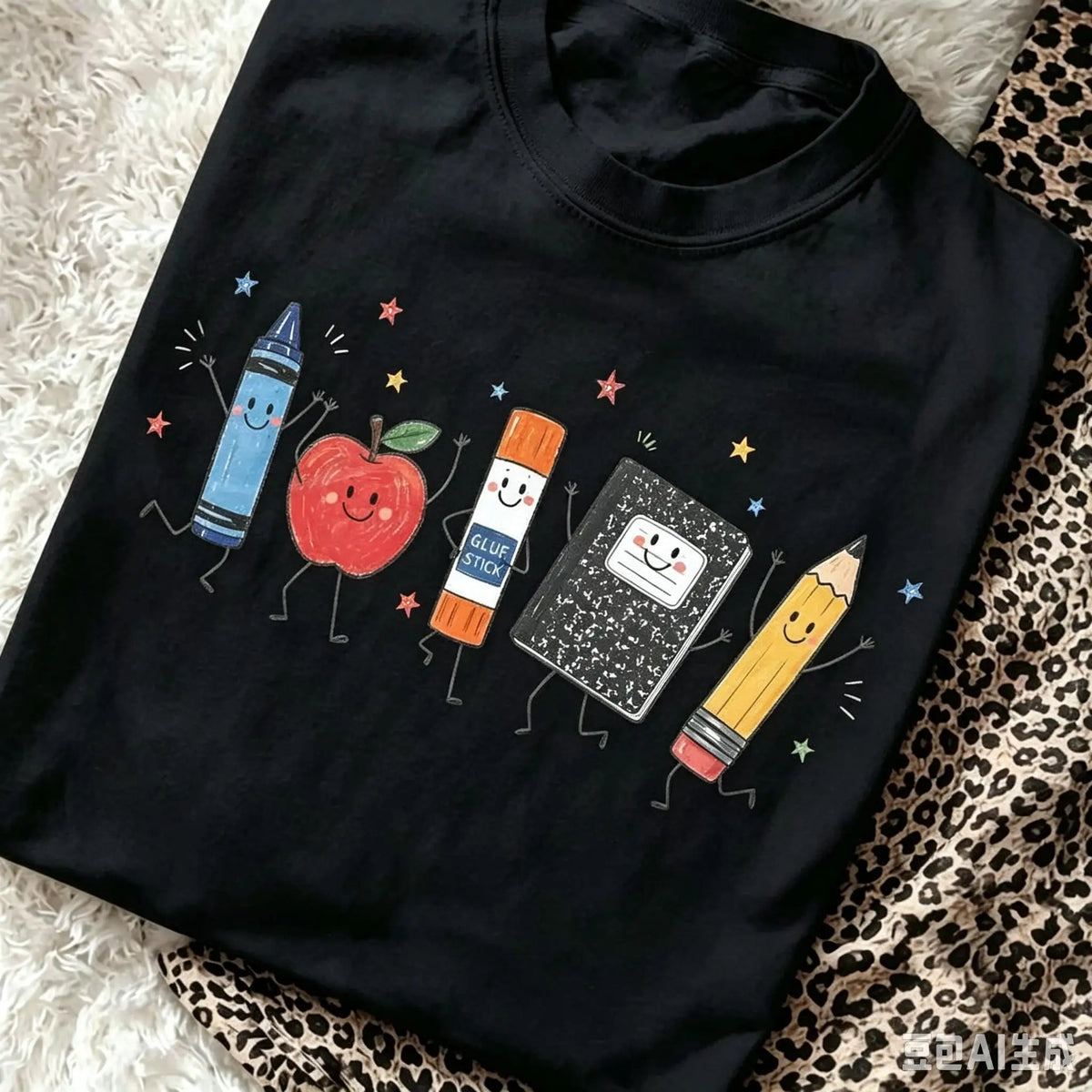 Cartoon School Supplies Graphic T-Shirt for Teachers and Students – Black