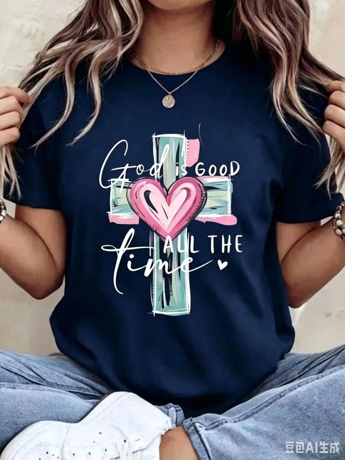 Women's Christian Faith Graphic Crewneck Cotton Tee, S–7XL – Navy Blue