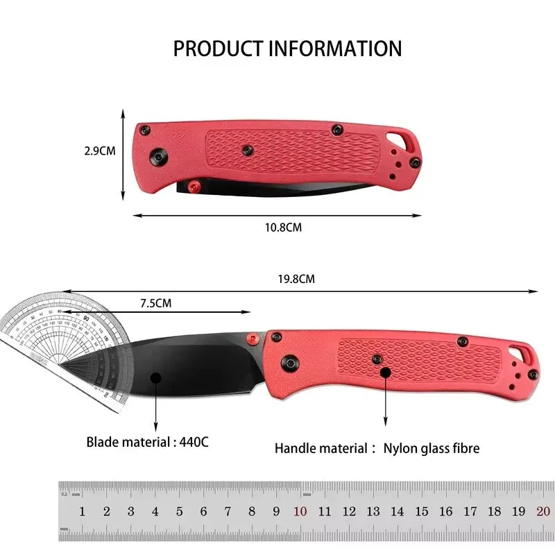 A technical diagram of a red folding pocket knife showing its measurements and materials.