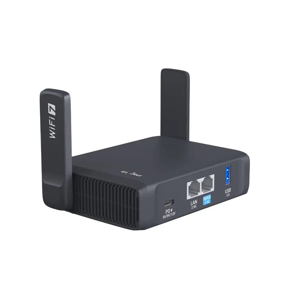 Rear view of grey portable Wi-Fi 7 travel router showing LAN, WAN, and USB 3.0 ports