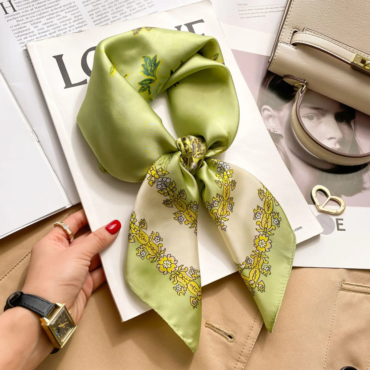 Floral Print Square Satin Scarf, 70x70cm Polyester Headband – 6