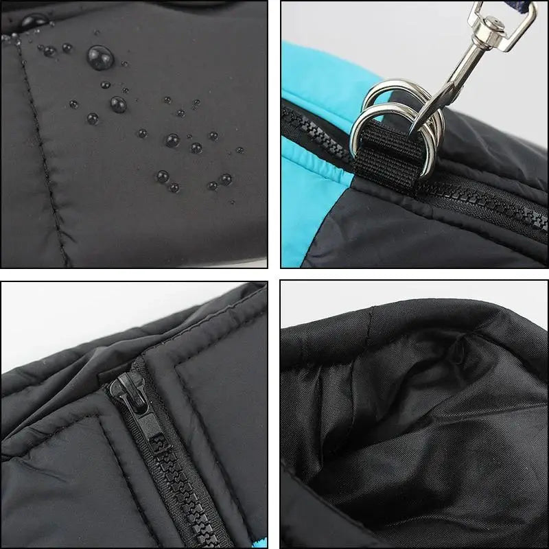 Detailed views of dog vest showing water-repellent fabric, D-ring and zipper