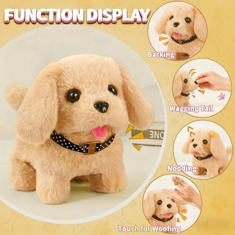 Functions of an interactive toy puppy including barking, wagging tail, nodding, and touch response