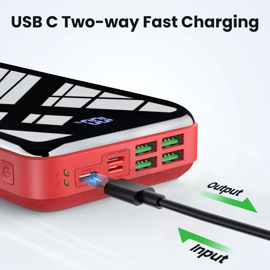 Close up of the ports on a red and black power bank showing USB-C two-way fast charging capabilities