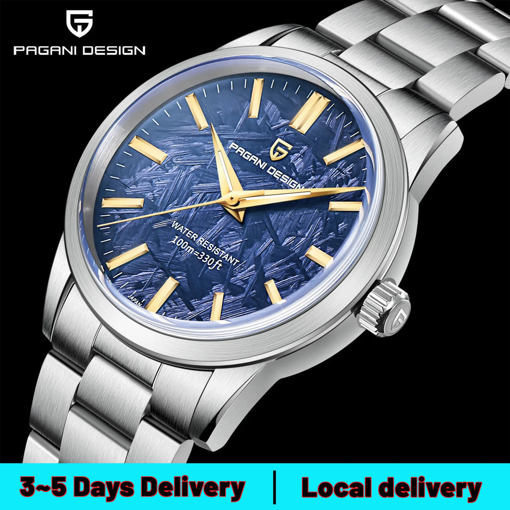 PAGANI DESIGN Men's 40mm Stainless Steel Quartz Watch, Blue Dial, Sapphire Crystal, VH31 Movement, 100m Water Resistant