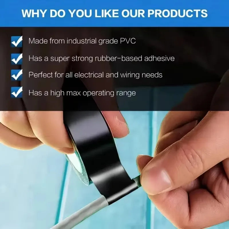 Hands applying black electrical tape to a cable, featuring a list of product benefits.