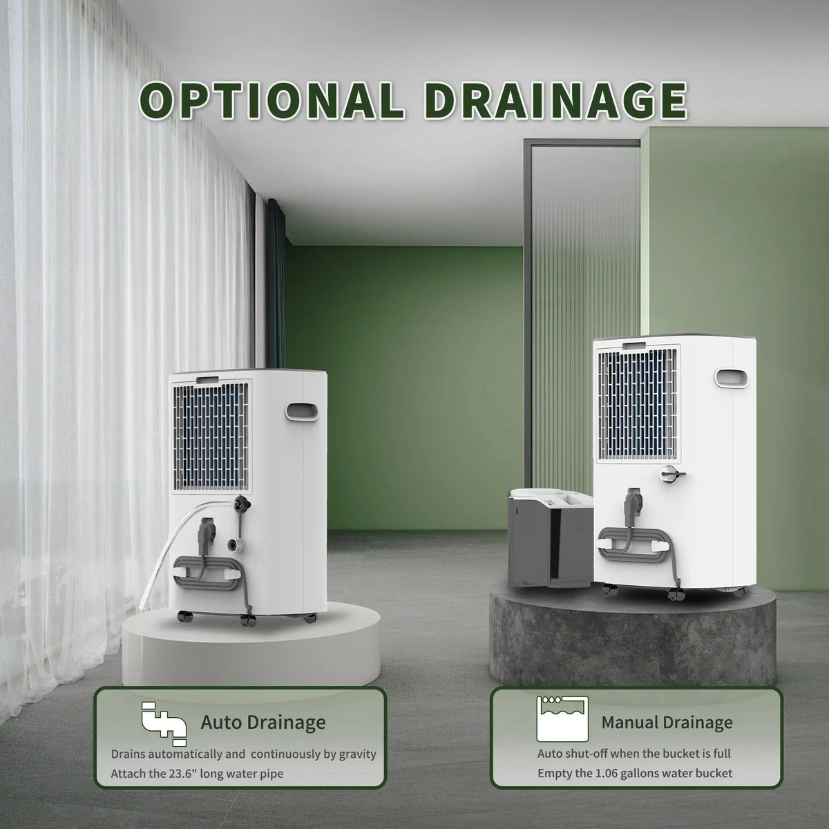 Dehumidifier unit showing both auto drainage with hose and manual bucket drainage options with text overlays