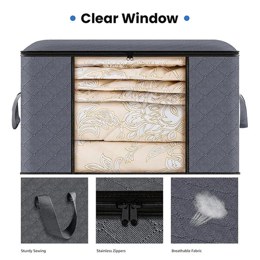 Features of a grey foldable clothing storage bag showing handle, zipper, and breathable fabric detail.