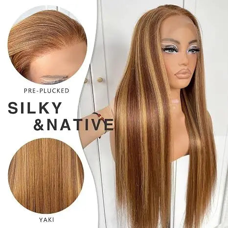 Honey blonde highlighted straight human hair lace front wig displayed on a mannequin head with texture details